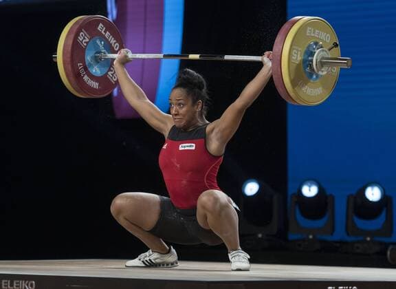 December 2, 2017 - Los Angeles, California, U.S - Canada s Kristel Ngarlem gets a successful lift while competing in the Women s 75kg Group A competition at the 2017 International Weightlifting Federation World Weightlifting Championships at the Anaheim Convention Center in Anaheim on Thursday, Dec.3, 2017. 2017 International Weightlifting - ZUMAg199 20171202_zap_g199_161 Copyright: xMichaelxGouldingx