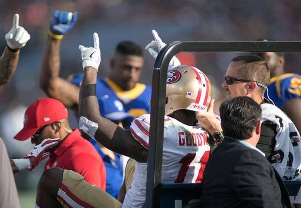 December 31, 2017 - Los Angeles, California, U.S - 11 Marquise Goodwin, WR of the San Francisco 49ers gives a thumbs up while being taken for observation after sustaining a concussion on a tackle by 24 Blake Countess, DB, of the Los Angeles Rams on Sunday December 31, 2017 at the L.A. Coliseum in Los Angeles, California. Rams lose to 49ers, 34-13. Rams lose to 49ers, 34-13 - ZUMAp124 20171231_zaa_p124_029 Copyright: xJavierxRojasx