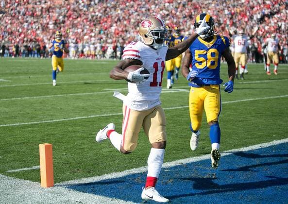 December 31, 2017 - Los Angeles, California, U.S - 11 Marquise Goodwin, WR of the San Francisco 49ers scores a touchdown during their NFL American Football Herren USA game with the Los Angeles Rams on Sunday December 31, 2017 at the L.A. Coliseum in Los Angeles, California. Rams lose to 49ers, 34-13. Rams lose to 49ers, 34-13 - ZUMAp124 20171231_zaa_p124_033 Copyright: xJavierxRojasx