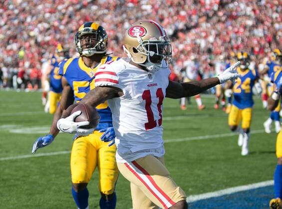 December 31, 2017 - Los Angeles, California, U.S - 11 Marquise Goodwin, WR of the San Francisco 49ers celebrates after scoring a touchdown during their NFL American Football Herren USA game with the Los Angeles Rams on Sunday December 31, 2017 at the L.A. Coliseum in Los Angeles, California. Rams lose to 49ers, 34-13. Rams lose to 49ers, 34-13 - ZUMAp124 20171231_zaa_p124_034 Copyright: xJavierxRojasx