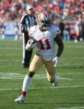 December 31, 2017 - Los Angeles, California, U.S - 11 Marquise Goodwin, WR of the San Francisco 49ers with the ball during their NFL American Football Herren USA game with the Los Angeles Rams on Sunday December 31, 2017 at the L.A. Coliseum in Los Angeles, California. Rams lose to 49ers, 34-13. Rams lose to 49ers, 34-13 - ZUMAp124 20171231_zaa_p124_042 Copyright: xJavierxRojasx