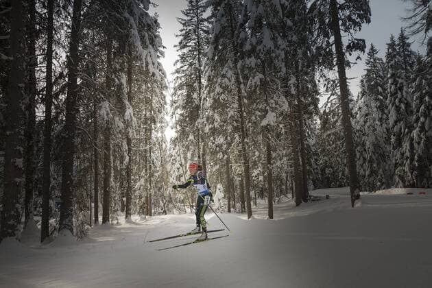 Laura Dahlmeier GER action in the snow-covered forest Biathlon World Cup 10 KM pursuit of women Anterselva, Italy on 20 01 2018