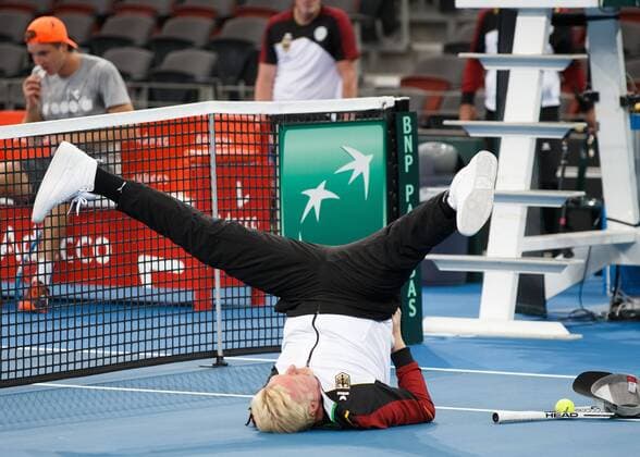 BORIS BECKER makes stretch exercises on the square tennis Davis Cup 2018 ITF Davis Cup Pat Rafter arena Brisbane Australia 1 February 2018 Â Copyright: xJuergenxHasenkopfx
