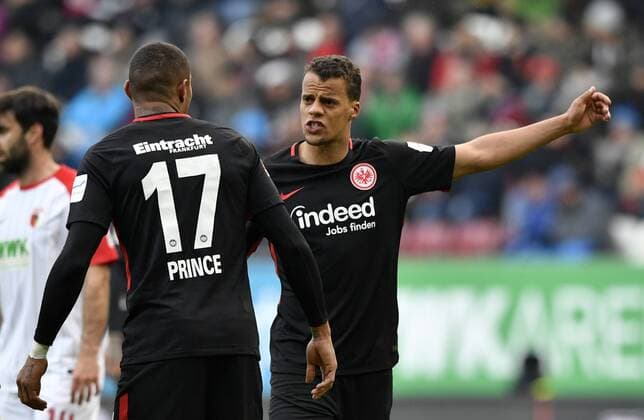 Timothy Chandler Eintracht Frankfurt right into the interview discussion with Kevin Prince Boateng Eintracht Frankfurt FC Augsburg FCA vs Eintracht Frankfurt SGE 04 02 2018 FC Augsburg FCA vs Eintracht Frankfurt SGE