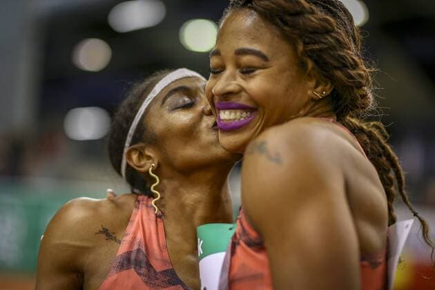 PSD Bank athletics meeting 06 02 2018 have fun v l Christina Manning USA Sharika Abhi USA PSD Bank athletics meeting on 06 02 2018 in the Athletics arena in Düsseldorf, North Rhine-Westphalia xakx