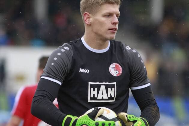 Germany Berlin 11 02 2018 football Regionalliga Northeast season 2017 2018 21 game day FC Viktoria 1889 Berlin Berliner AK 07 at the Stadion Lichterfelde goalkeeper Jakub Jakubov Berliner AK 13 copyright Björn draws FC Viktoria 1889 Berlin Berliner AK 07