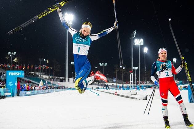 180213 Stina Nilsson of Sweden gold celebrates after the womenÕs classic sprint semi finals during day four of the 2018 Winter Olympics on February 13 2018 in Pyeongchang Photo Carl S BILDBYR N code CS 57999 288  Copyright: CARLxSANDIN BB180213CS228
