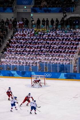 180215 North Korean cheerleaders look at a ice hockey game between Korea and Czech Republic during day six of the 2018 Winter Olympics on February 15 2018 in Pyeongchang Photo Petter Arvidson BILDBYR N code PA 91974  Copyright: PETTERxARVIDSON BB180215PA205