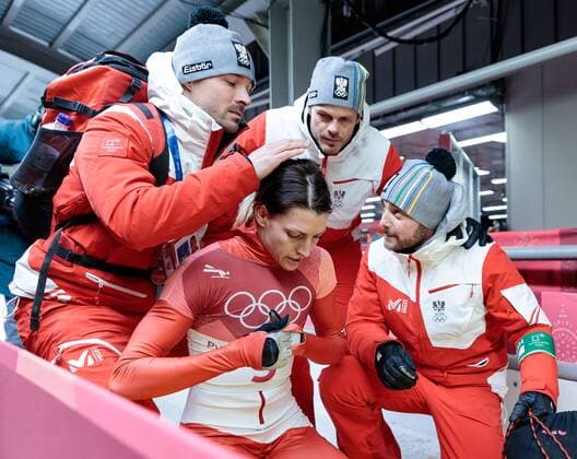 17 02 2018 Olympic sliding centre PyeongChang KOR PyeongChang 2018 skeleton women s 4 barrel pictured Janine flock AUT with their team Janine flock of Austria with her team reacts after the ladie s skeleton heat 4 competition of the PyeongChang 2018 Winter Olympic Games at the Olympic sliding C. entre in PyeongChang of South Korea on 2018 02 17 PyeongChang  EP_gro