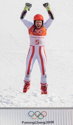 18 02 2018 Yongpyong Alpine Centre PyeongChang KOR PyeongChang 2018 ski alpine men s slalom winner presentation pictured Marcel Hirscher AUT 1 square gold medalist and Olympic champion Marcel Hirscher of Austria winner during the presentation of the men s Alpine giant slalom Race of the PyeongChang 2018 Winter Olympic Games at the Yongpyong Alpine Centre PyeongChang, South Korea on 2018 02 18 PyeongChang  EP_gro