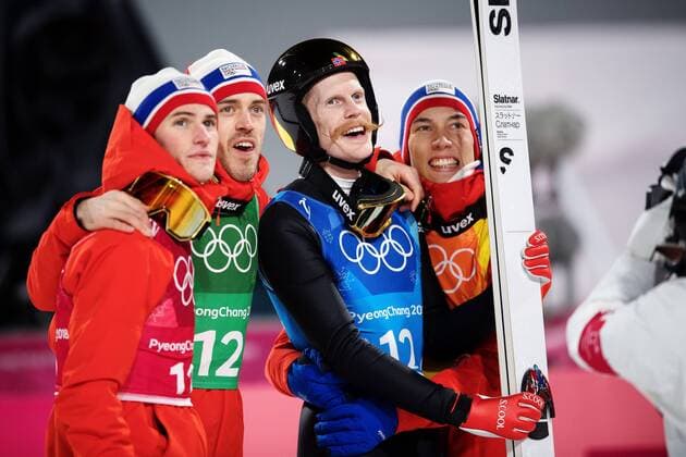 180219 Daniel Andre Sive Andreas Stjernen Robert Johansson and Johann Andre Forfang of Norway celebrate after winning the Men s Team Ski Jumping during day ten of the 2018 Winter Olympics on February 19 2018 in Pyeongchang Photo Carl Sandin BILDBYRAN code CS 57999 308  Copyright: CARLxSANDIN BB180219CS163