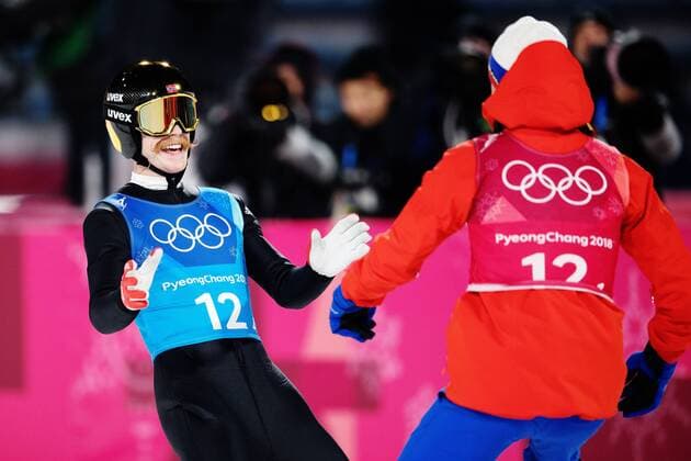 180219 Robert Johansson and Daniel Andre Sive of Norway celebrate after winning the Men s Team Ski Jumping during day ten of the 2018 Winter Olympics on February 19 2018 in Pyeongchang Photo Carl Sandin BILDBYRAN code CS 57999 308  Copyright: CARLxSANDIN BB180219CS164