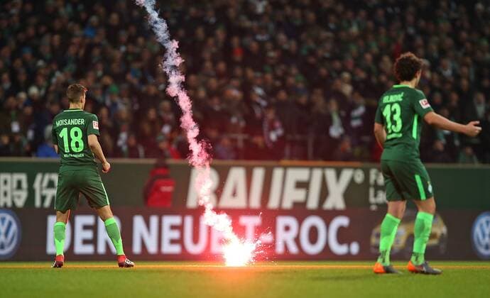 24 02 2018 Football 1 Bundesliga 2017 2018 24 Matchday SV Werder Bremen Hamburger SV in the Weserstadion Bremen a flares land on the field
