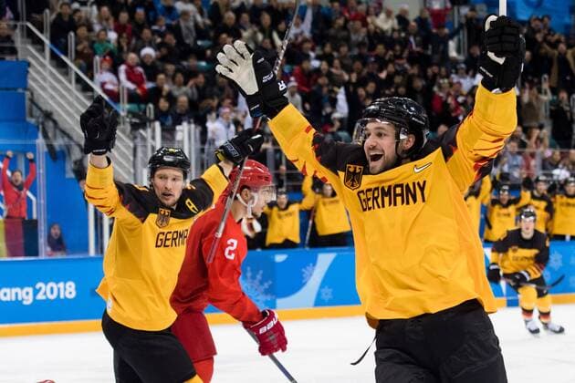180225 Patrick Hager and Brooks Macek of Germany celebrates the 1 1 goal by Felix Schutz in the Ice Hockey Mens Final between Olympic Athletes from Russia OAR and Germany during day sixteen of the 2018 Winter Olympics on February 25, 2018 in Pyeongchang Photo Joel Marklund BILDBYRAN kod JM 87649  Copyright: JOELxMARKLUND BB180225JM013
