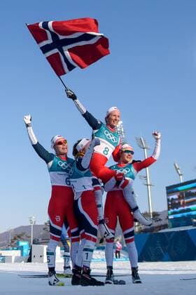 180225 Marit Björgen of Norway celebrates after the Womens Cross Country 30km Mass Start Classic during day sixteen of the 2018 Winter Olympics on February 25, 2018 in Pyeongchang Photo Carl Sandin BILDBYR N Code CS 57999 323  Copyright: CARLxSANDIN BB180225CS038