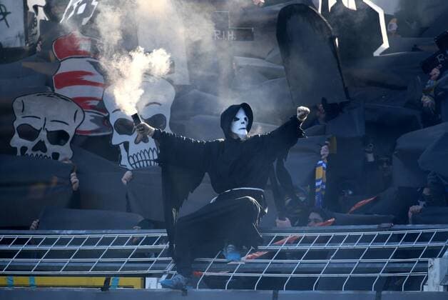 GER 3 Liga FC Carl Zeiss Jena vs FC Rot Weiss Erfurt 25 02 18 Jena Ernst Abbe Sportfeld GER 3 League Season 2017 2018 26 Gameday FC Carl Zeiss Jena vs FC Rot Weiss Erfurt im Jenaer Fan as death with Pyrotechnics