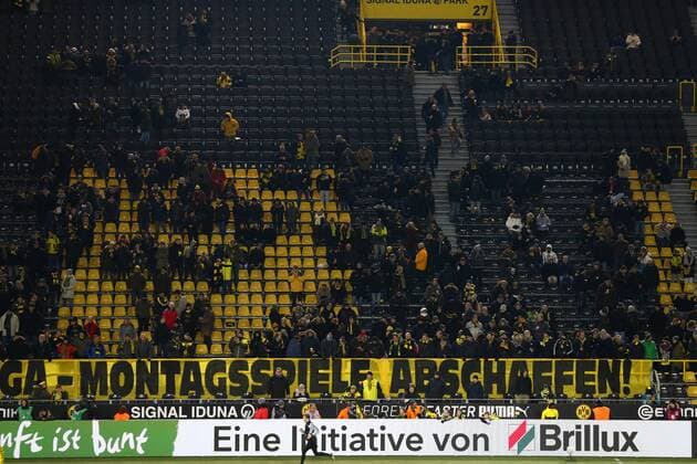 Monday 26 02 2018 Season 2017 2018 1 Bundesliga 24 Matchday in Dortmund Signal Iduna Park BVB 09 Borussia Dortmund FC Augsburg Protest Boycott of the Dortmund fans against Monday matches Banner abolish Monday games