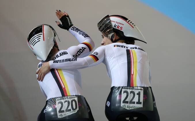 UCI 2018 Track Cycling World Championships UCI Track World Championships 2018 Apeldoorn NED 28 02 2018 Team Sprint Womens Finals Team Sprint Womens Final xmdx Kristina VOGEL GER Germany Germany left with Miriam WELTE GER Germany Germany World Championships Team Sprint Women 2018 Track Cycling World Championships