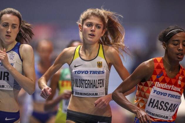 IAAF World Indoor Championships Birmingham 01 03 18 Konstanze Klosterhalfen GER IAAF World Indoor Championships on 01 03 18 at the Birmingham Arena in Birmingham Great Britain Left Laura Muir GBR right Sifan Hassan NED Konstanze Klosterhalfen GER IAAF World Indoor Championships on 01 03 18 at the Arena Birmingham in Birmingham Great Britain xakx