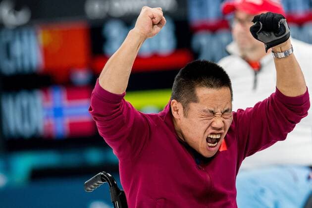 180317 Wei Liu or China celebrates during the wheelchair curling final match between China and Norway during day eight of the 2018 Winter Paralympics on March 17, 2018 in Pyeongchang Photo Vegard Wivestad Gray BILDBYR N Code VG 170135  Copyright: VEGARDxWIVESTADxGR¯TT BB180317BB095