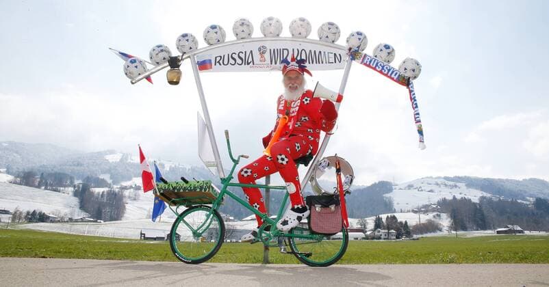 21 03 2018 Galgenen SZ SWITZERLAND Tourteufel Didi Senft visits Switzerland with his new bicycle construction for the 2018 World Cup in Russia