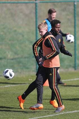 Belgium s Kevin De Bruyne and Belgium s Divock Origi pictured during a training of Belgian national soccer team the Red Devils, during preparations for the friendly game between the Red Devils and Saudi Arabia, in Tubize, Saturday 24 March 2018. BRUNOxFAHY  x05317782x