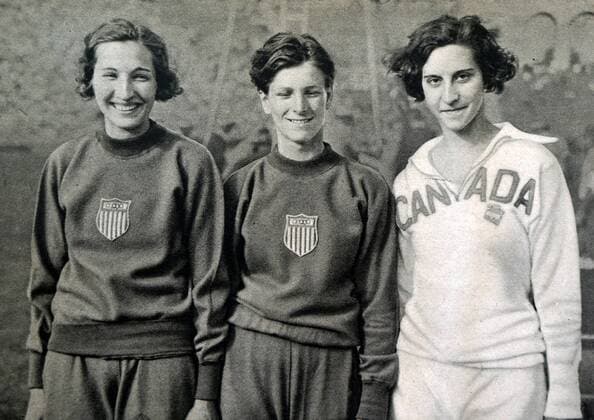 Photograph of the High jump medalists at the 1932 Olympic Games Olympische Spiele Olympia OS (left to right) Jean Shiley (1911- 1998) took gold for the USA. Mildred Ella Babe Didrikson Zaharias (1911 - 1956) took silver for the USA. Eva Dawes (1912 - 2009) took bronze for Canada. 82514310st