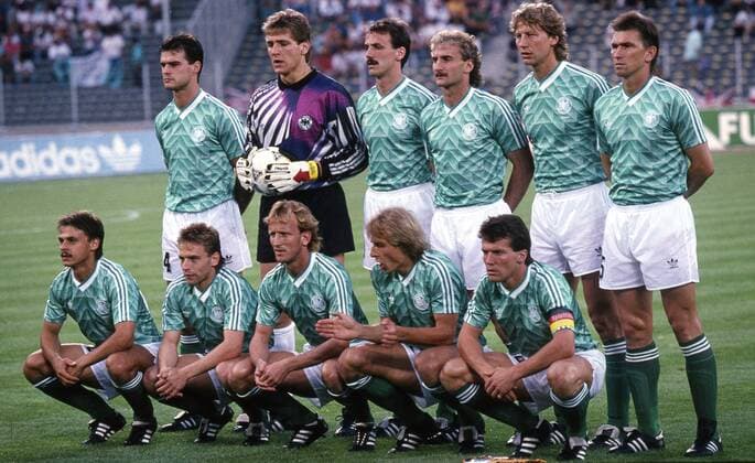 FIFA World Cup WM Weltmeisterschaft Fussball - Italia 1990 (Italy 1990) 4.7.1990, Stadio Delle Alpi, Turin, Italy. Semi-final West Germany v England. West Germany line-up, back row: Thomas Berthold, Bodo Illgner, Jürgen Kohler, Rudi Völler, Guido Buchwald, Klaus Augenthaler. Front row: Olaf Thon, Thomas Häßler, Andreas Brehme, Jürgen Klinsmann, Lothar Matthäus. Noxthirdxpartyxsales  (75034773)