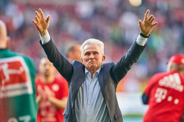 Coach Head Coach Jupp HEYNCKES FCB cheering rejoicing joy emotions celebrate laughter rejoicing joy rips up his arms clenching his fist FC AUGSBURG FC BAVARIA MUENCHEN Soccer 1 Bundesliga Augsburg am 07 04 2018 29 Gameday League Season 2017 2018 1 Liga 1 Bundesliga