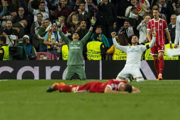 Madrid Spain 01 05 2018 UEFA Champions League 2017 18 Season Semi finals Semifinals Second leg Relegation Real Madrid FC Bayern Muenchen Keeper Keylor Navas Real Madrid and Sergio Ramos Real Madrid cheer for DeFodi048