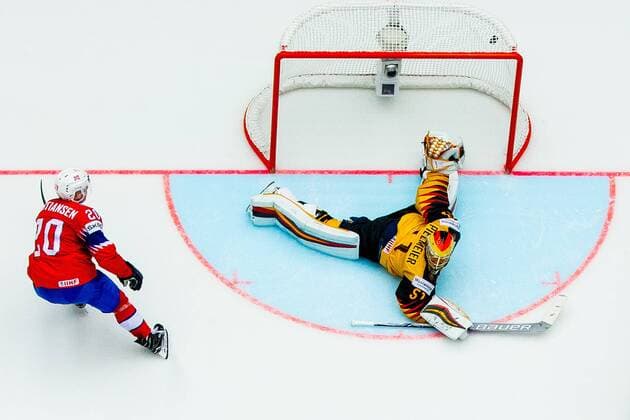 180506 Other Bastiansen of Norway scores 2 3 behind goaltender Timo Pielmeier of Germany during the IIHF Ice Hockey World Championship match between Germany and Norway on May 6, 2018 in Herning Photo Vegard Wivestad Gray BILDBYR N code VG 170155  Copyright: VEGARDxWIVESTADxGR¯TT BB180506ZJ005