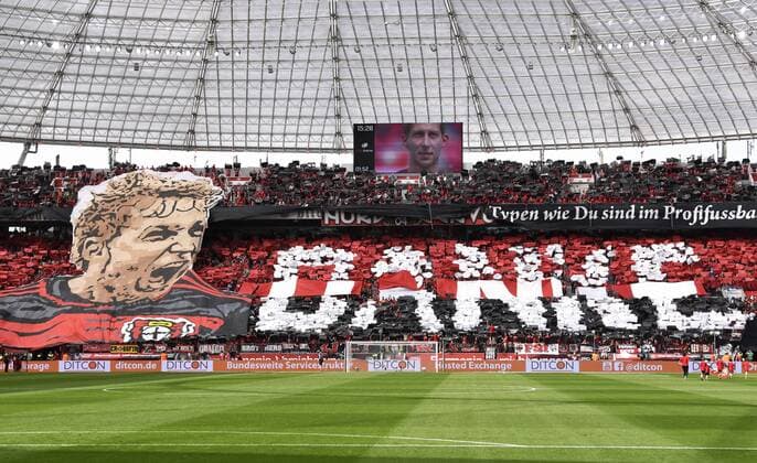 Football Bundesliga Germany Men Season 2017 2018 34 Daytime BayArena Leverkusen Bayer Leverkusen black Hannover 96 white Choreography for Stefan Kiessling LEV