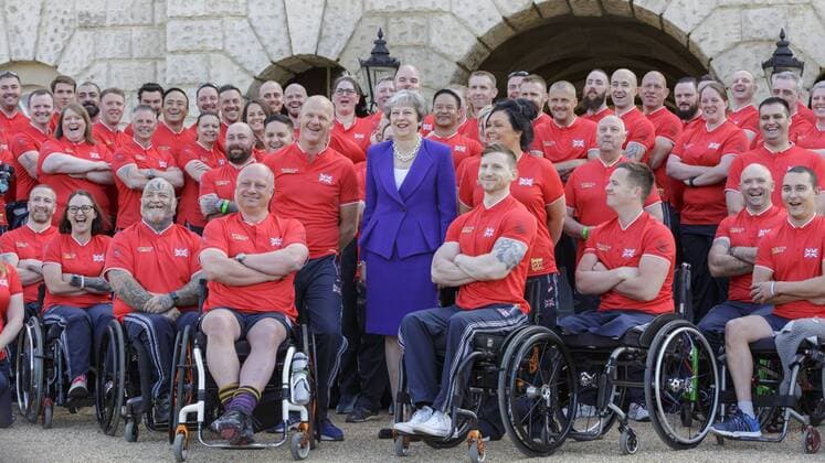 London England 15 05 2018 British Prime Minister Theresa May GBR introduces the athletes to the UK at the Invictus Games Sydney 2018 represented by DeFodi529