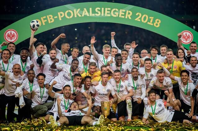 19 May 2018 Berlin Olympic Stadium Football DFB Cup Final FC Bayern Muenchen Eintracht Frankfurt Frankfurt players cheer for the game under the winners bow
