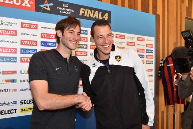 Handball players from Paris Saint Germain Handball and HBC Nantes Uwe Gensheimer and Dominik Klein r at 25 05 2018 in Cologne at the Media Call for the Handball Champions League VELUX EHF FINAL4 2018 which takes place on 26 and 27 May in Cologne