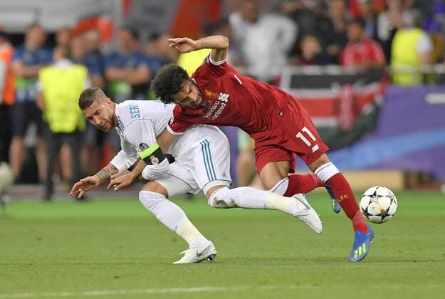 26 05 2018 Football UEFA Champions League Final 2018 Real Madrid FC Liverpool at the Olympic Stadium Kiev Ukraine v l Sergio Ramos Real Madrid against Mohamed Salah Liverpool FC