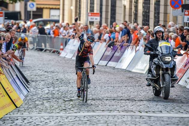 Finish at the 6 stage Around Gotha at the Lotto Thuringia Ladies Tour 2018 Alice Barnes GBR wins the stage ahead of Elena Cechini ITA and Lisa Brennauer GER Gotha Thuringia Germany