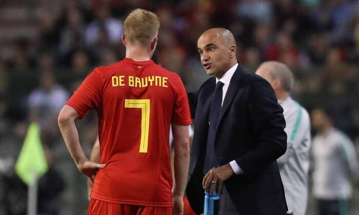 Belgium s Kevin De Bruyne and Belgium s head coach Roberto Martinez pictured during a friendly soccer game between Belgian national team Nationalteam Red Devils and Portugal, Saturday 02 June 2018, in Brussels. The teams are preparing for the upcoming FIFA World Cup WM Weltmeisterschaft Fussball 2018 in Russia. VIRGINIExLEFOUR  x05358182x