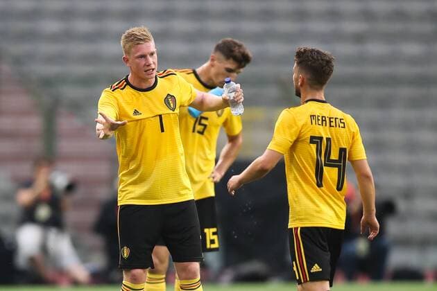 Belgium s Kevin De Bruyne and Belgium s Dries Mertens pictured during a friendly soccer game between Belgian national team Nationalteam The Red Devils and Costa Rica, Monday 11 June 2018, in Brussels. Both teams prepare the upcoming FIFA World Cup WM Weltmeisterschaft Fussball 2018 in Russia. BRUNOxFAHY  x05362285x