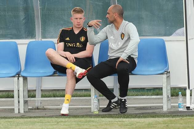 Belgium s Kevin De Bruyne and Belgium s head coach Roberto Martinez pictured at the start of a training session of Belgian national soccer team the Red Devils in Sochi, Russia, Saturday 16 June 2018. The team is preparing for their first game at the FIFA World Cup WM Weltmeisterschaft Fussball 2018 next Monday. BRUNOxFAHY  x05364552x