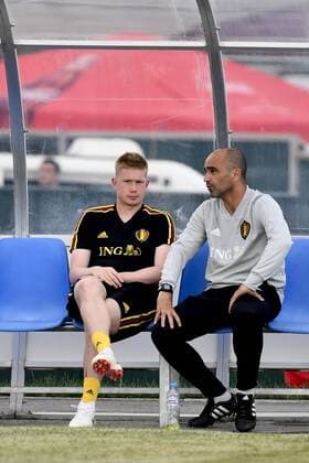 Belgium s Kevin De Bruyne and Belgium s head coach Roberto Martinez pictured at the start of a training session of Belgian national soccer team the Red Devils in Sochi, Russia, Saturday 16 June 2018. The team is preparing for their first game at the FIFA World Cup WM Weltmeisterschaft Fussball 2018 next Monday. DIRKxWAEM  x05364561x