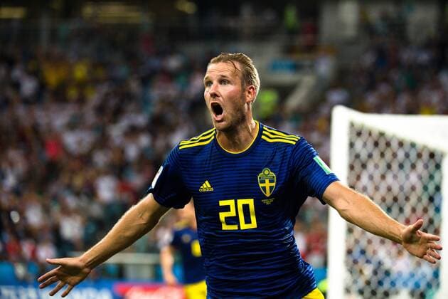 180623 Ola Toivonen of Sweden celebrates the 1 0 goal during the FIFA World Cup group stage match between Germany and Sweden on June 23, 2018 in Adler Photo Petter Arvidson BILDBYR N Code PA 87728  Copyright: PETTERxARVIDSON BB180623PA081