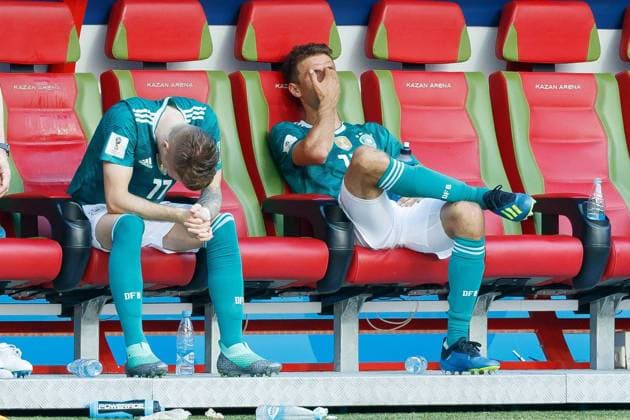 Kazan Russia 27 06 2018 FIFA World Cup Group F South Korea Germany Marco Reus GER and Thomas Mueller GER disappointed on the bench DeFodi507