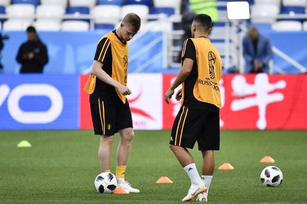 Belgium s Kevin De Bruyne and Belgium s Eden Hazard pictured during a training session of Belgian national soccer team the Red Devils in the Kaliningrad stadium, in Kaliningrad, Russia, Wednesday 27 June 2018. The team will play tomorrow their third game against England in the group stage of the FIFA World Cup WM Weltmeisterschaft Fussball 2018. DIRKxWAEM  x05373173x