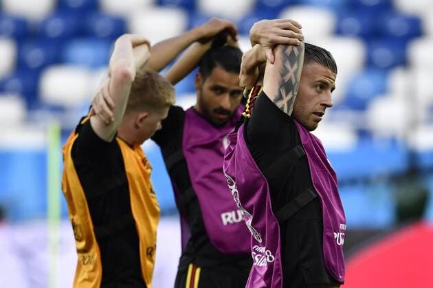 Belgium s Kevin De Bruyne and Belgium s Toby Alderweireld pictured during a training session of Belgian national soccer team the Red Devils in the Kaliningrad stadium, in Kaliningrad, Russia, Wednesday 27 June 2018. The team will play tomorrow their third game against England in the group stage of the FIFA World Cup WM Weltmeisterschaft Fussball 2018. DIRKxWAEM  x05373211x