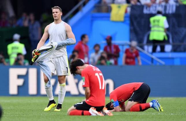 FIFA World Cup 2018 Preliminary Round Group F South Korea Germany 27 06 2018 Goalkeeper Manuel Neuer Germany is disappointed after the final whistle Also Jaesung Lee li and Heungmin Son re both South Korea are emotional