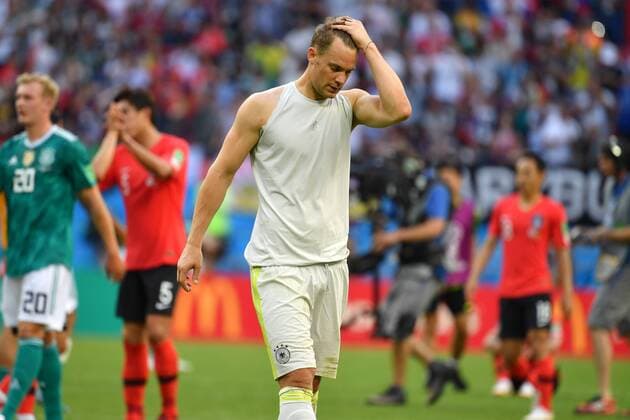 Manuel NEUER goalie GER disappointed frustrated dejected action single image truncated single motive half figure half figure South Korea KOR Germany GER 2 0 Preliminary Group F match 43 at 27 06 2018 in Kazan Kazan Arena Soccer World Cup 2018 in Russia vom 14 06 15 07 2018