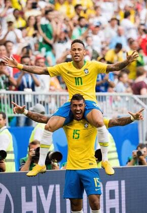 180702 Neymar and Paulinho of Brazil celebrate the 1 0 goal during the FIFA World Cup round of 16 match between Brazil and Mexico on July 2, 2018 in Samara Photo Petter Arvidson BILDBYRAN Code PA 92081  Copyright: PETTERxARVIDSON BB180702PA089