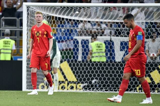 Belgium s Kevin De Bruyne and Belgium s Eden Hazard react after they took a goal during a round of 16 game between Belgian national soccer team the Red Devils and Japan in Rostov, Russia, Monday 02 July 2018. DIRKxWAEM  x05376148x