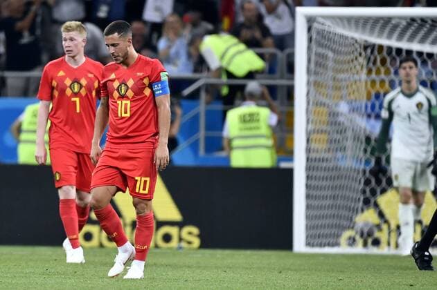 Belgium s Kevin De Bruyne and Belgium s Eden Hazard react after they took a goal during a round of 16 game between Belgian national soccer team the Red Devils and Japan in Rostov, Russia, Monday 02 July 2018. DIRKxWAEM  x05376149x